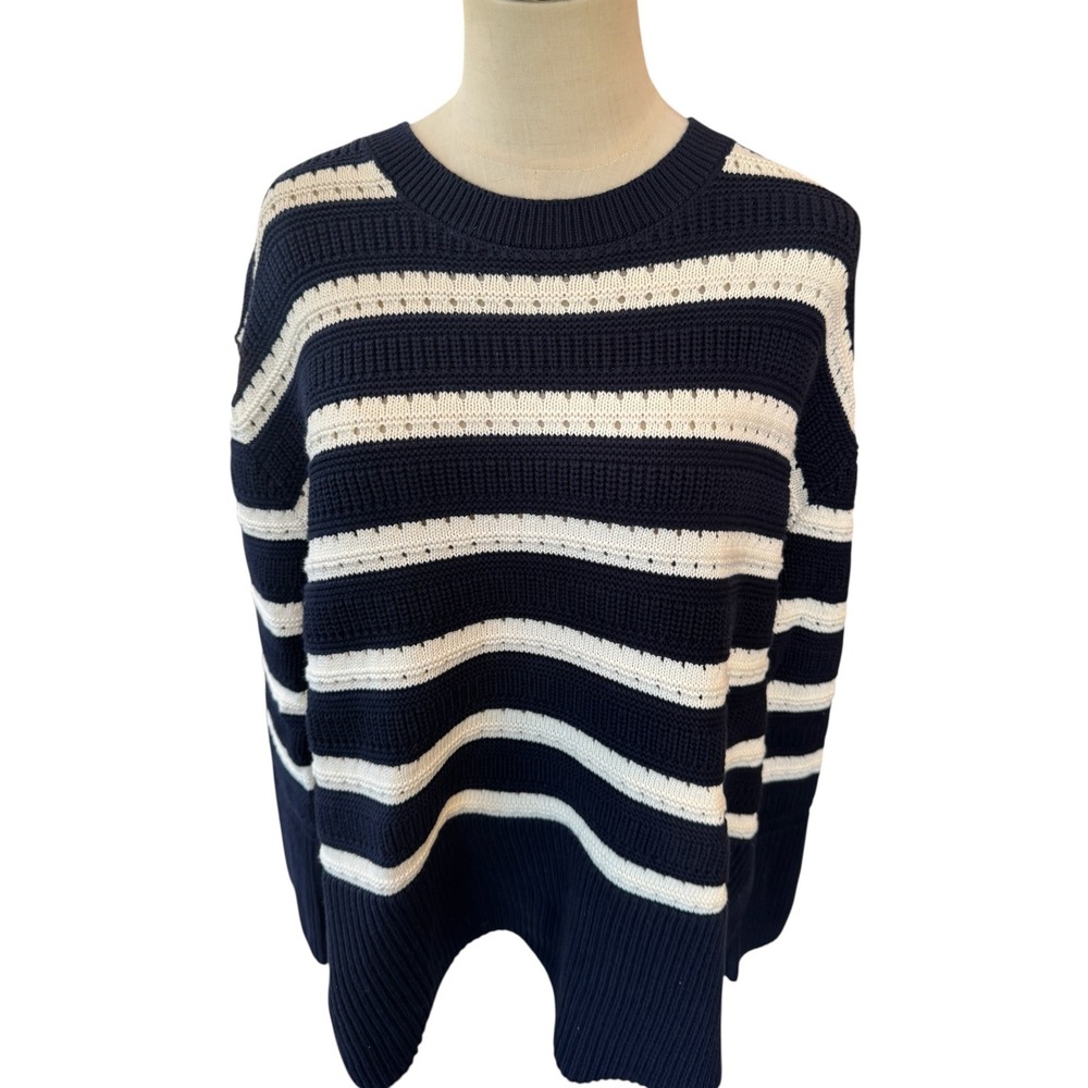 Gap Womens‎ Large Navy Blue White Striped Cotton Knit Crewneck Sweater NWT